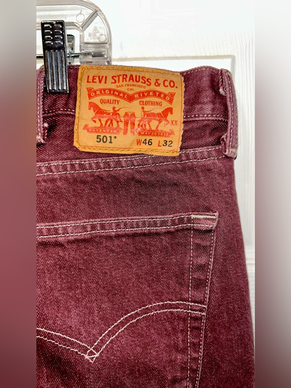 Vintage Levi's 501 Burgundy Jeans 1998 90’s Made in Mexico Tag 46x32 Fit 44x29